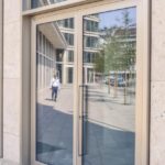 architecture, reflection, building, facade, modern, city, glass, house facade, discs, glass facade, door, road, human, office building, house